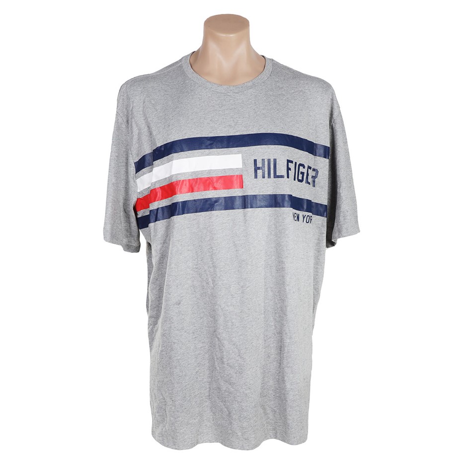 TOMMY HILFIGER Men's Logo Stripe Tee, Size M, 100% Cotton, Grey Heather (05