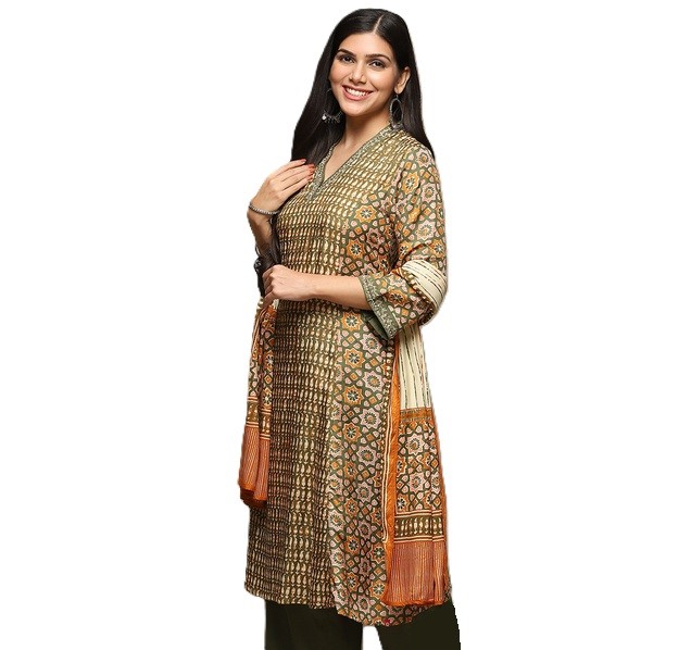 BIBA Modal Printed A-Line Kurta, Size 38, Green. NB: stole not included.