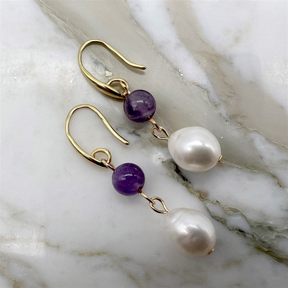 6mm Amethyst & Baroque Pearl Dangling Earrings.