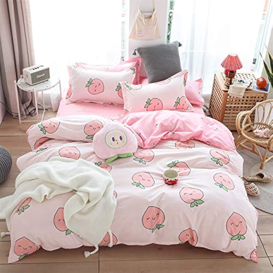 CARTOON Peach Duvet Cover Set, Pink Kawaii Reversible Bedding for Kids or T
