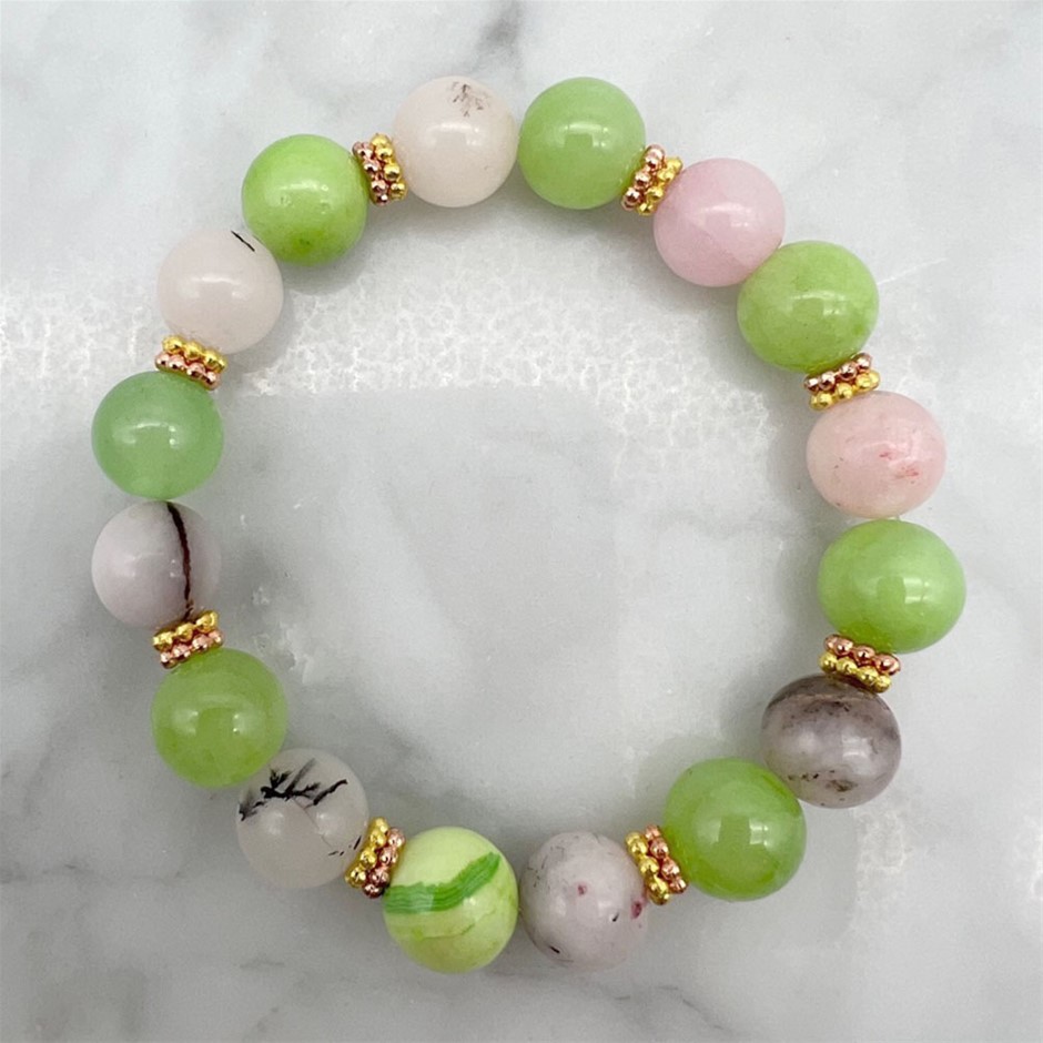 Cherry Blossom, Flower Jade & Rhinestone Spacer Stretch Beaded Bracelet