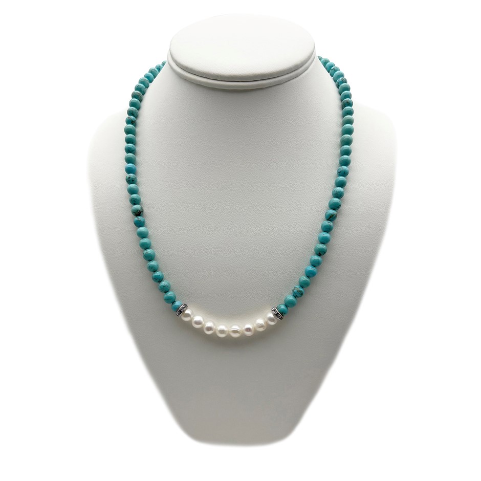7-8mm Pearl & Turquoise with Real Platinum Plated Necklace