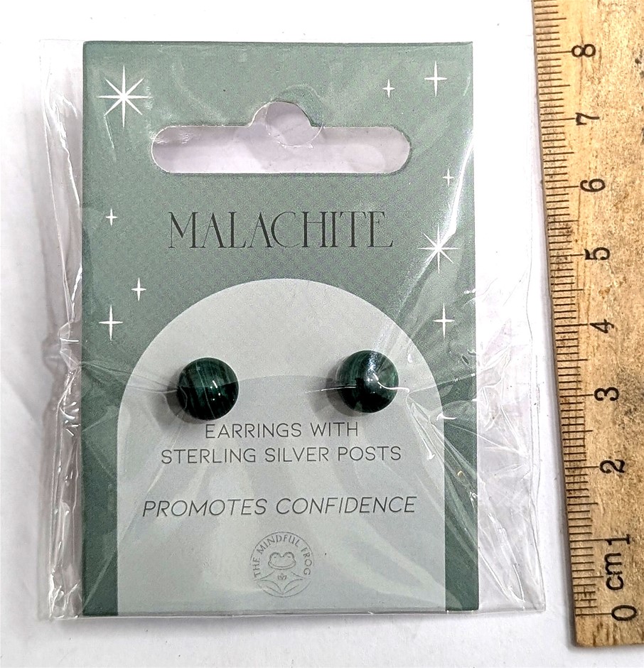 Sterling Silver Earrings with round MALACHITE crystal Gemstone