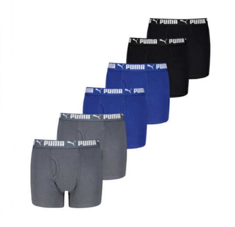 6-Pack PUMA Boys' Boxer Briefs, Size L, 95% Cotton, Grey/Blue/Black.