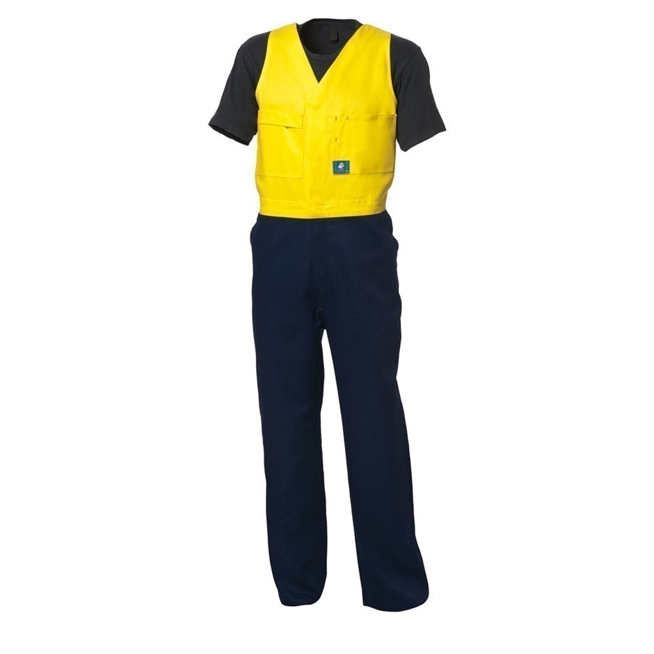 2 x WS WORKWEAR Mens Action-Back Drill Overalls, Size 107S, Yellow/Navy.