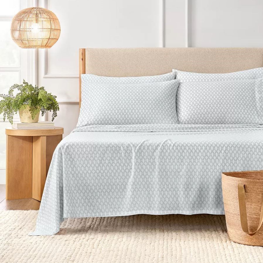 PURELY ORGANIC 300TC Cotton 4-Piece Bed Sheet Set, Size Queen, Evelyn Block