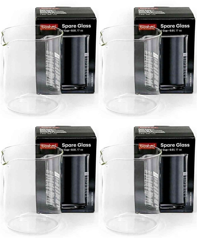 4 x BODUM Replacement Glass for Two Cup Coffee Press, 4 Cup (0.5L).