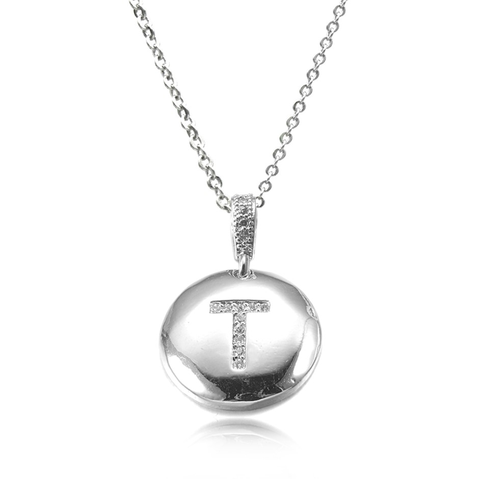 Letter 'T' Platinum Plated with CZ Pendant Necklace