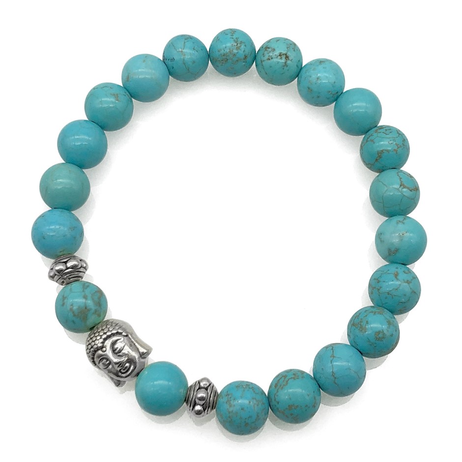 8mm Turquoise & Antique Silver Buddha Charm Beaded Bracelet