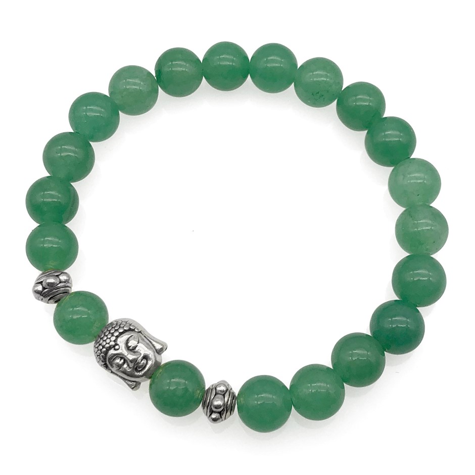 8mm Green Aventurine & Antique Silver Buddha Charm Beaded Bracelet