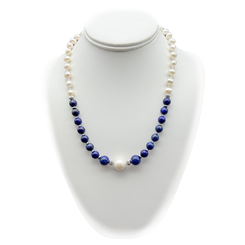 Large Central 13mm White Pearl, Lapis Lazuli Platinum Plated Necklace