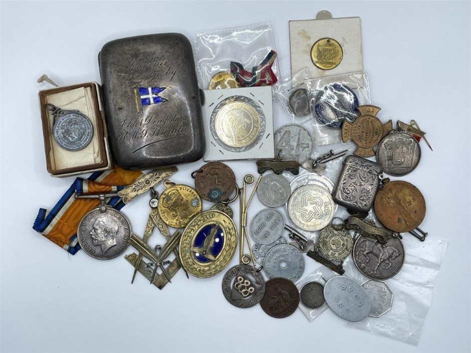 Approx. 35 x Asstd WWI, Sports Medals, Cigarette Tin, Cufflinks, Tokens