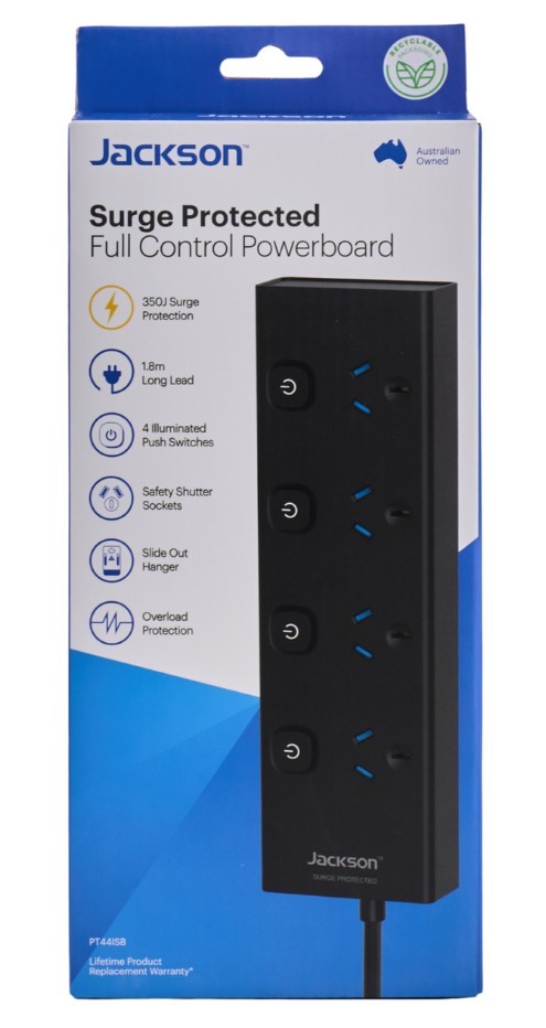JACKSON 4 Way Individually Switched Surge Protected Powerboard. NB: Damaged