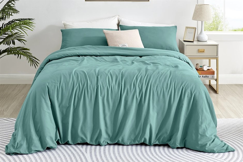 OVELA Ultra Soft Washed Quilt Cover Set (Chinois Green, King)