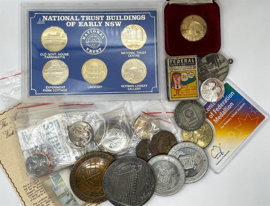 Approx. 40 x Asstd AU Historical Medals, Tokens & Stamps, c.1916-88