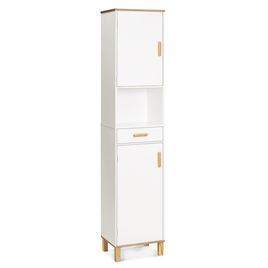 HELLOFURNITURE Maui Tall Bathroom Storage Cabinet, White/Natural