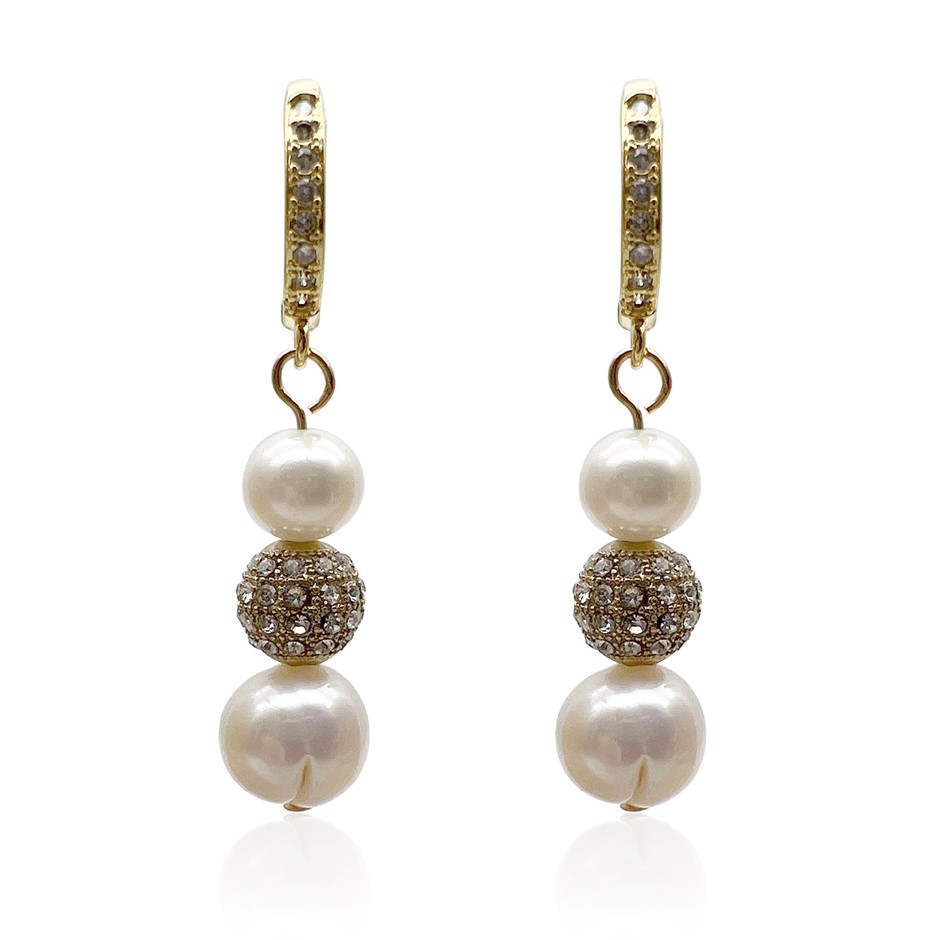 Freshwater Pearl CZ Gold Plated Huggie Hoop Earrings