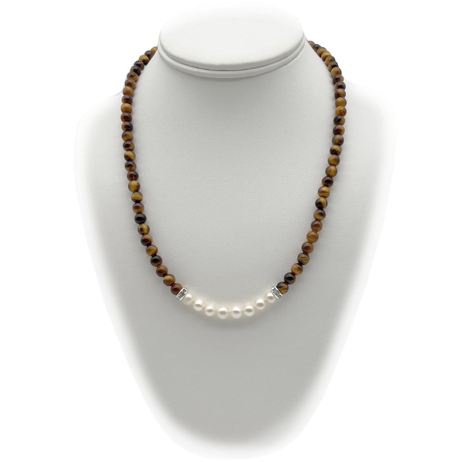 7-8mm Pearl & Tiger Eye with Real Platinum Plated Necklace