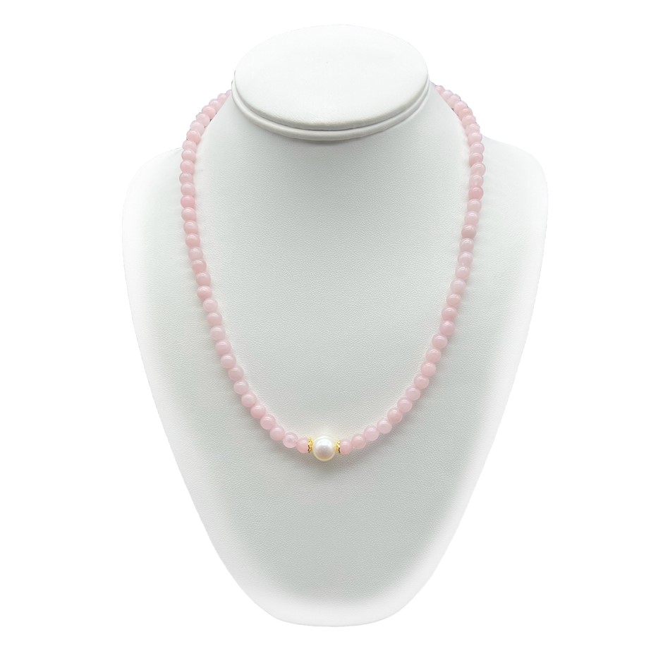 10mm White Pearls with Rose Quartz Gemstone Necklace