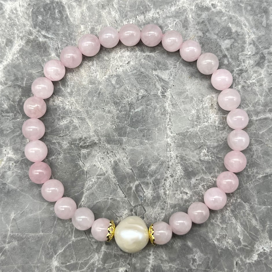 10mm White Pearls with Rose Quartz Gemstone Bracelet