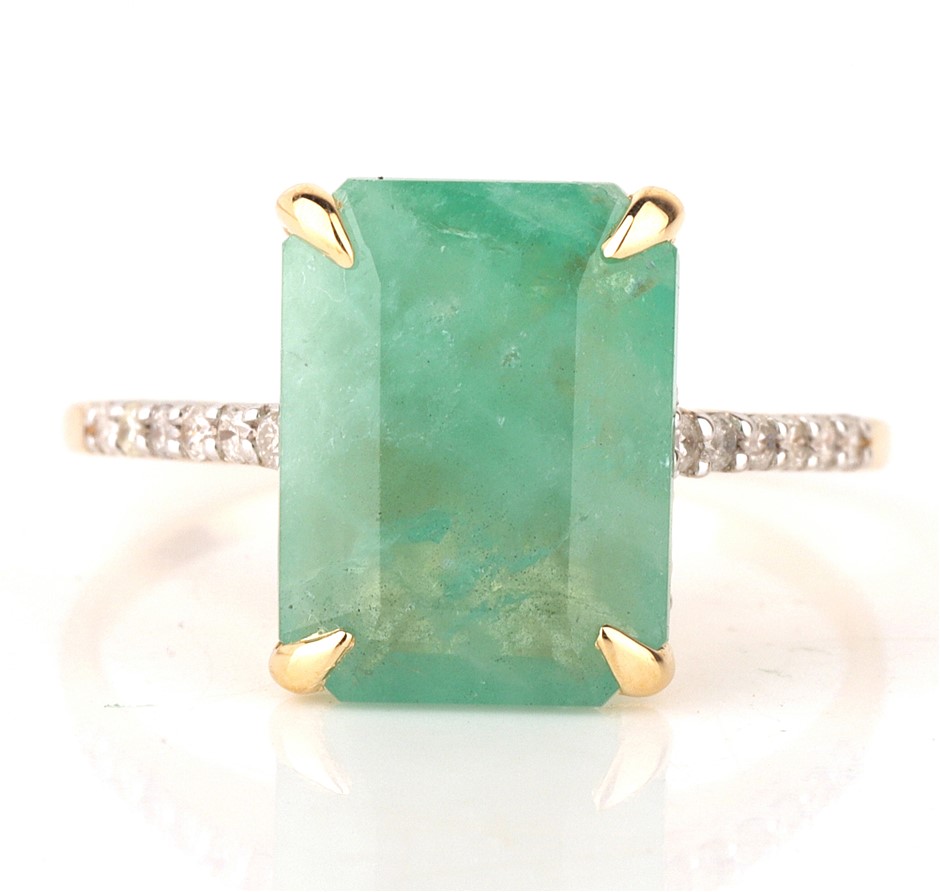 Yellow Gold Natural Emerald & Diamond Ring  with Valuation
