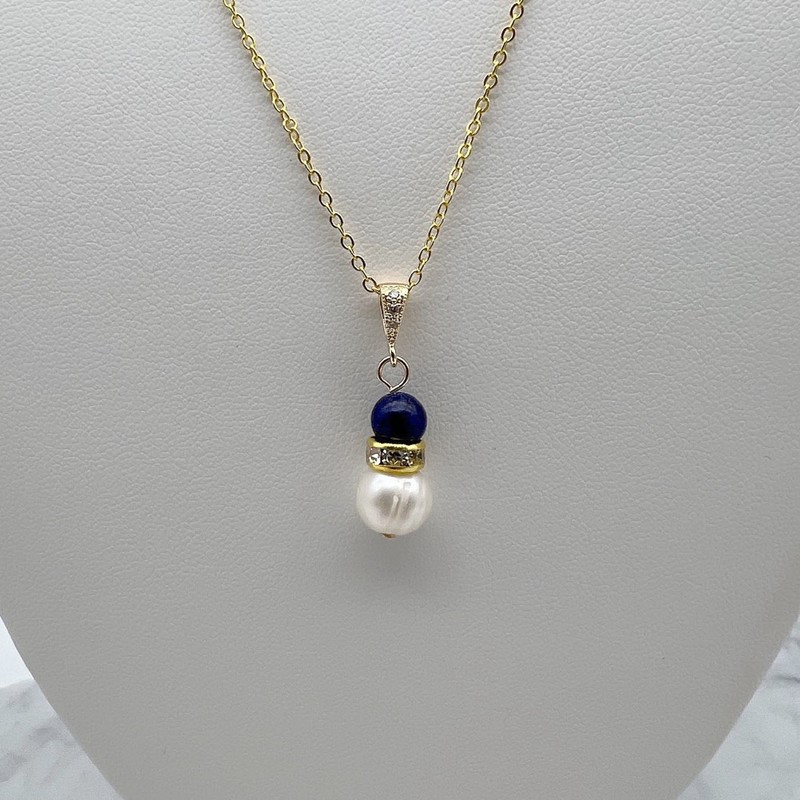 Pearl & Lapis Lazuli Gemstone Gold Plated Pendant Necklace
