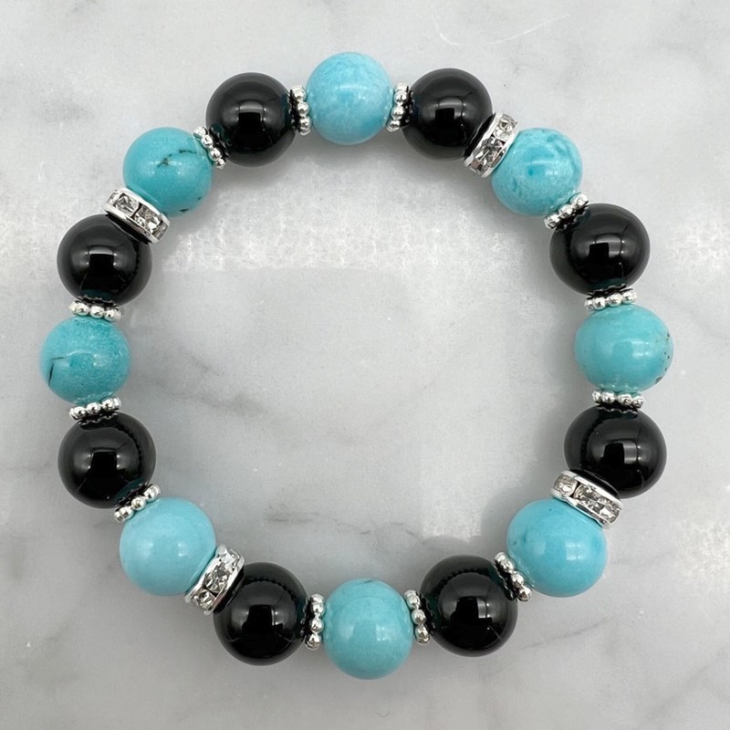 Turquoise, Black Agate & Rhinestone Spacer Stretch Beaded Bracelet
