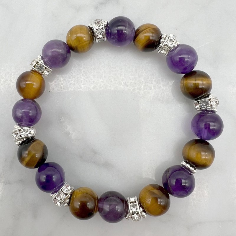 Amethyst, Tiger Eye & Rhinestone Spacer Stretch Beaded Bracelet