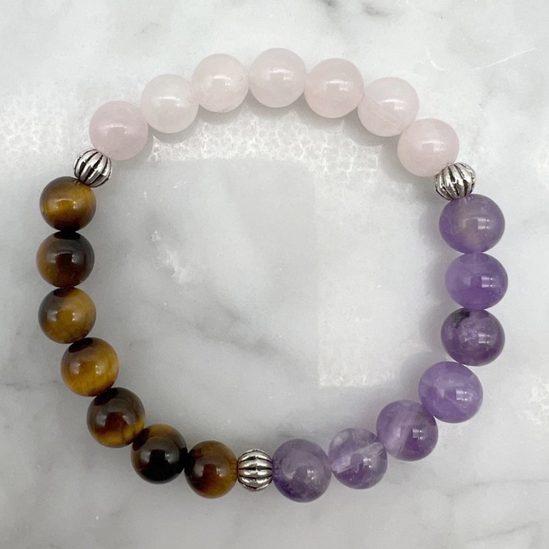 Amethyst, Rose Quartz & Tiger Eye Stretch Beaded Bracelet