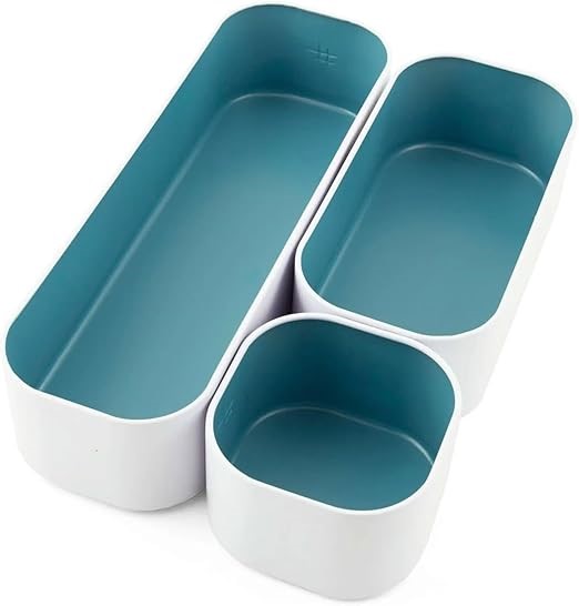 THREE BY THREE SEATTLE 3 Piece Metal Stacking Bins + Drawer Organizers Set: