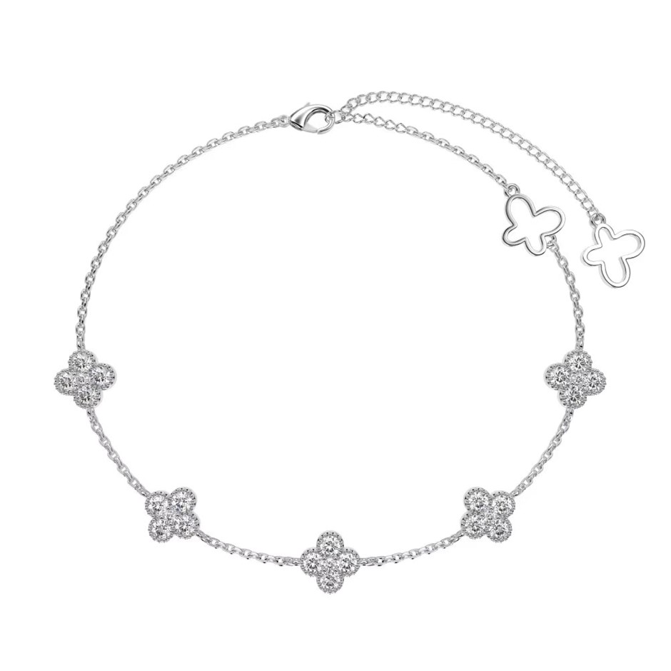 Dainty Four Leaf Clover Simulated Diamonds 925 Silver Tennis Bracelet