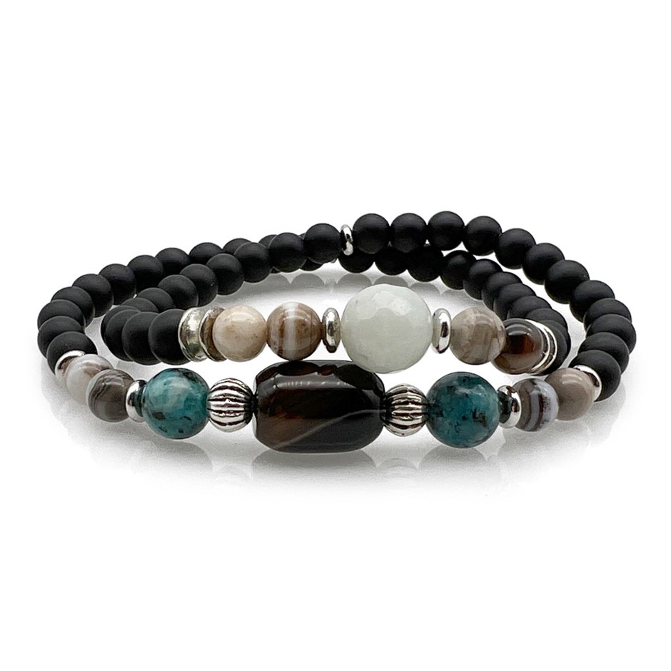 Men's 2 Row Agate, Amazonite, Jasper & Black Stripe Bracelet