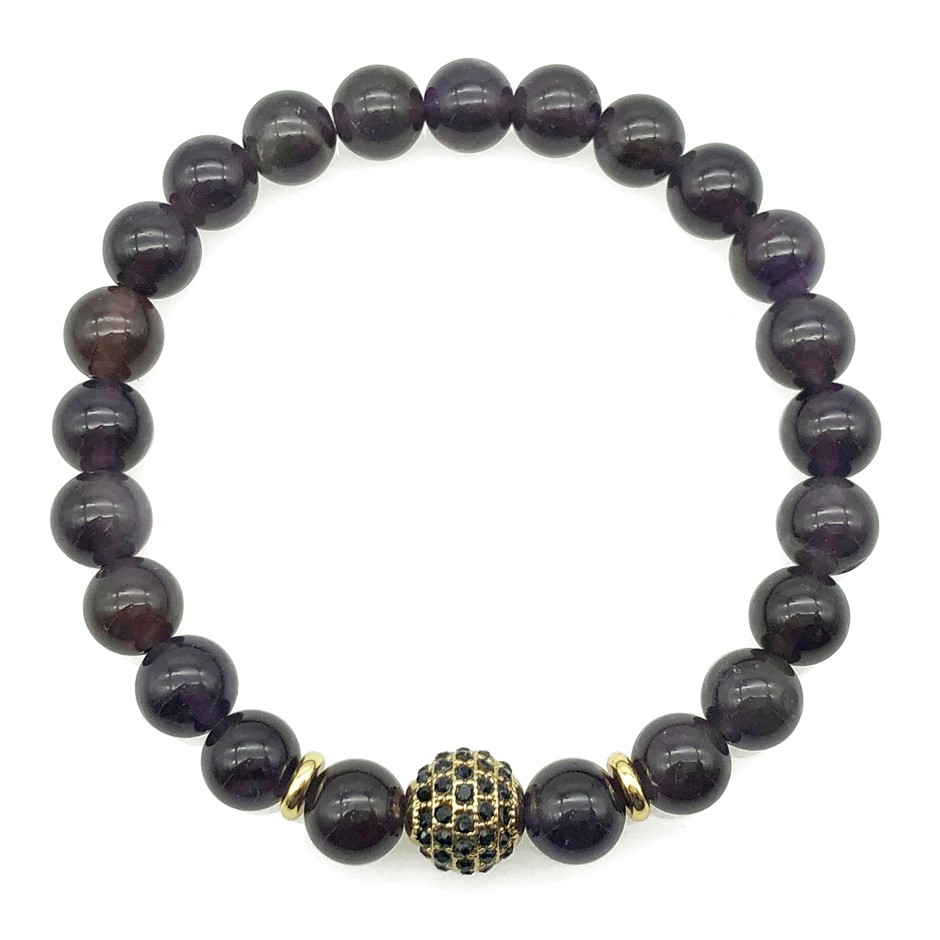 Men's 8mm Amethyst & Golden Rhinestone Beaded Gemstone Bracelet