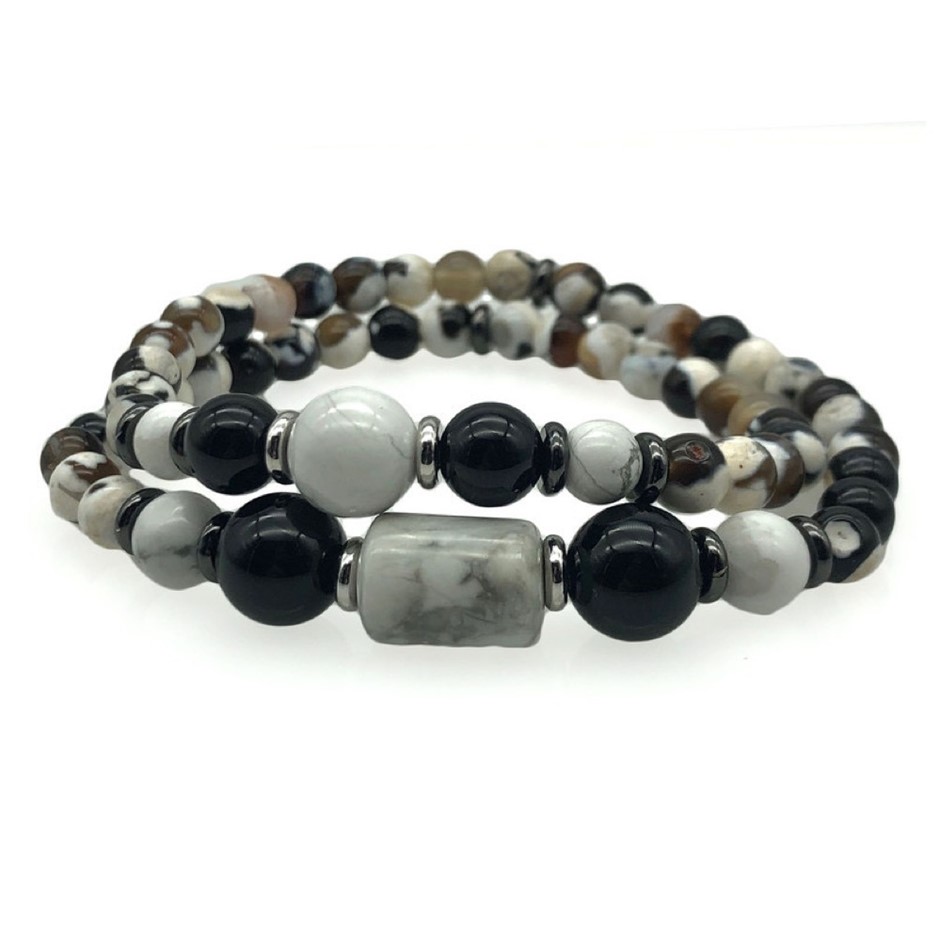 Men's Fire Agate, Black Agate & Howlite 2 Row Beaded Bracelet