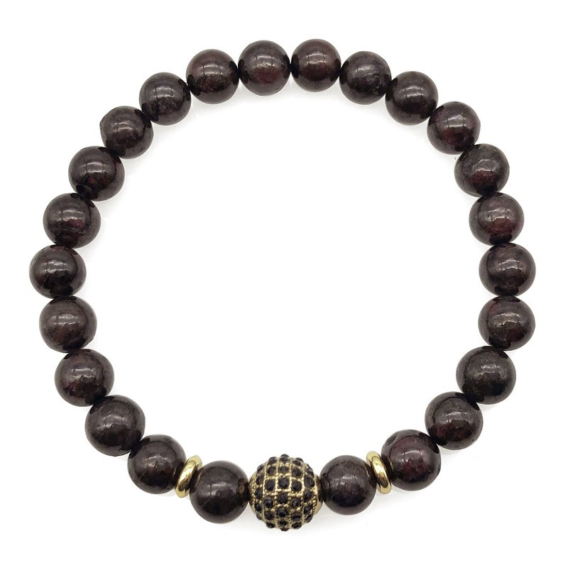 Men's 8mm Garnet & Golden Rhinestone Beaded Gemstone Bracelet