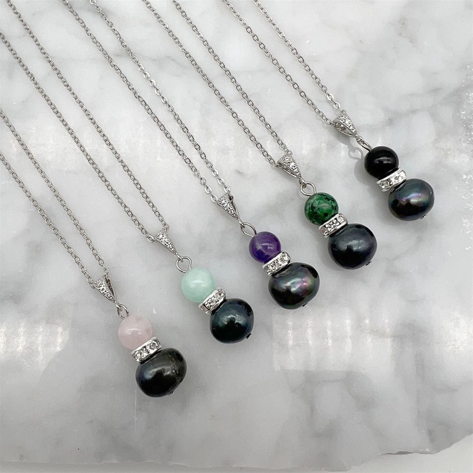 Freshwater Pearl & Gemstone Platinum Plated Pendant Necklaces - 5 Pcs