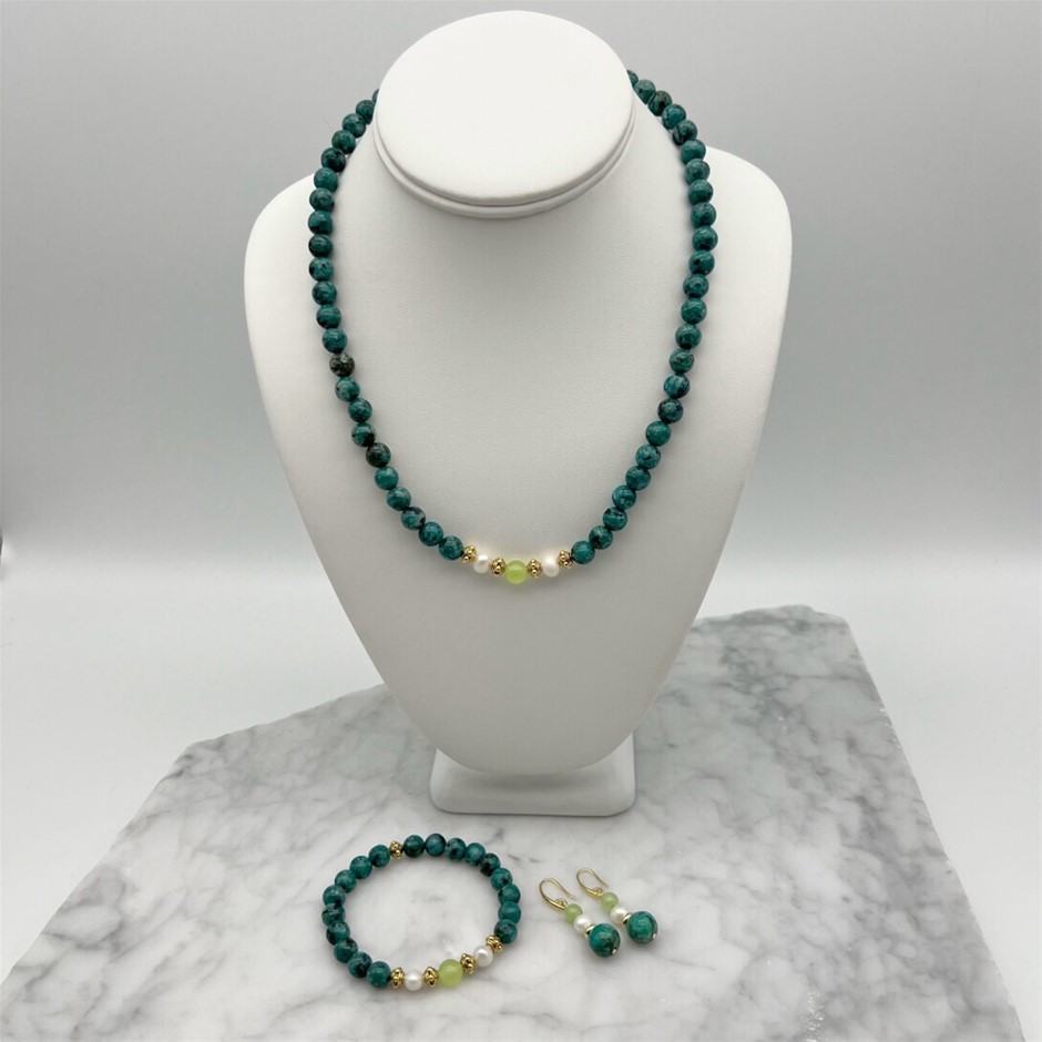 African Jasper 'Turquoise', Flower Jade, Freshwater Pearls Jewellery Set