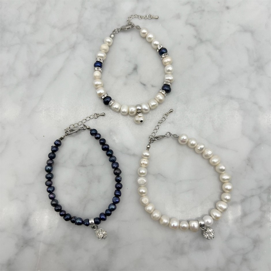 6-8mm Freshwater Pearl Beaded Charm Bracelets - 3 Pcs