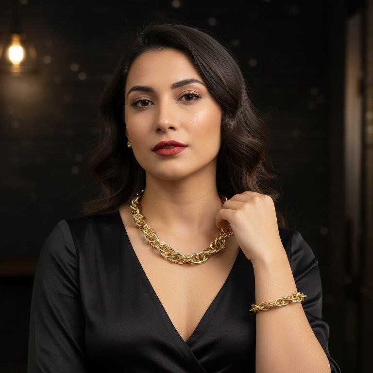 18K/Italy Stamped Set Solid Heavy Yellow Gold Filled Chain & Bracelet