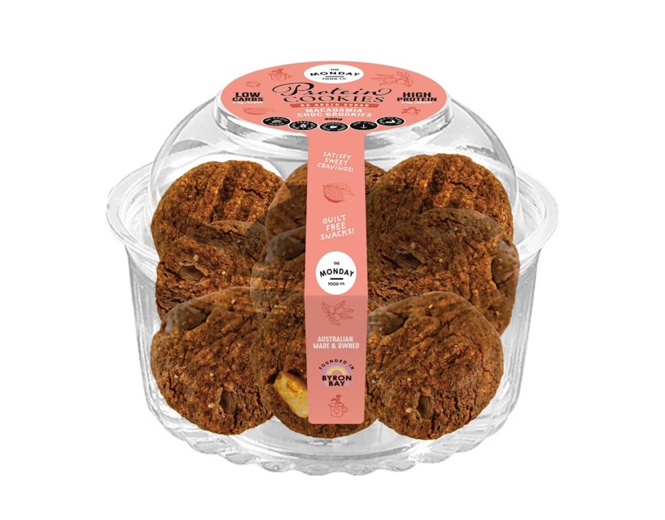 3 x THE MONDAY FOOD CO. Protein Cookies Macadamia Choc Brookies, 600g. N.B: