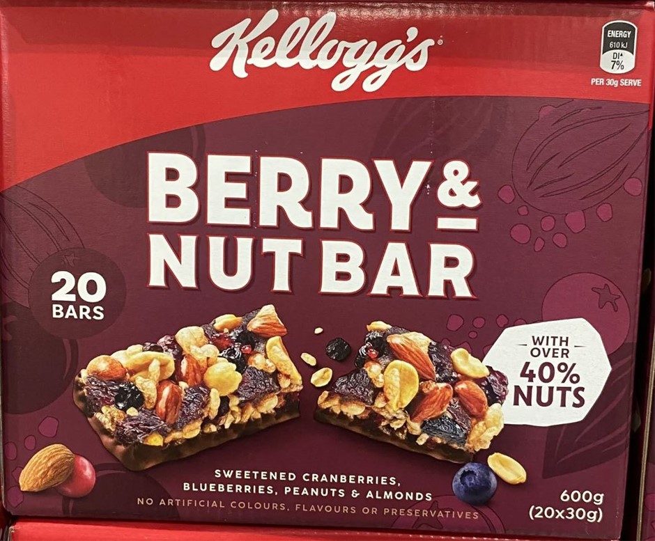 3 x Assorted Nut Bars Packs, Incl: 2 x KELLOGG'S Berry & Nut Bar 20pk, 600g