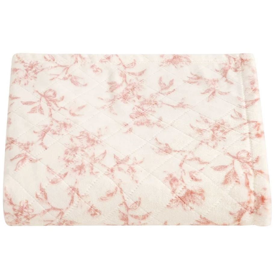 FRAICHE MAISON Velvet Plush Throw, 152cm x 177cm, Elodie Floral (Pink/White