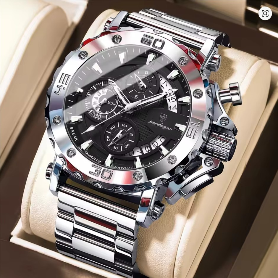Silver Black POEDAGAR Men's Chronograph SS Quartz Watch