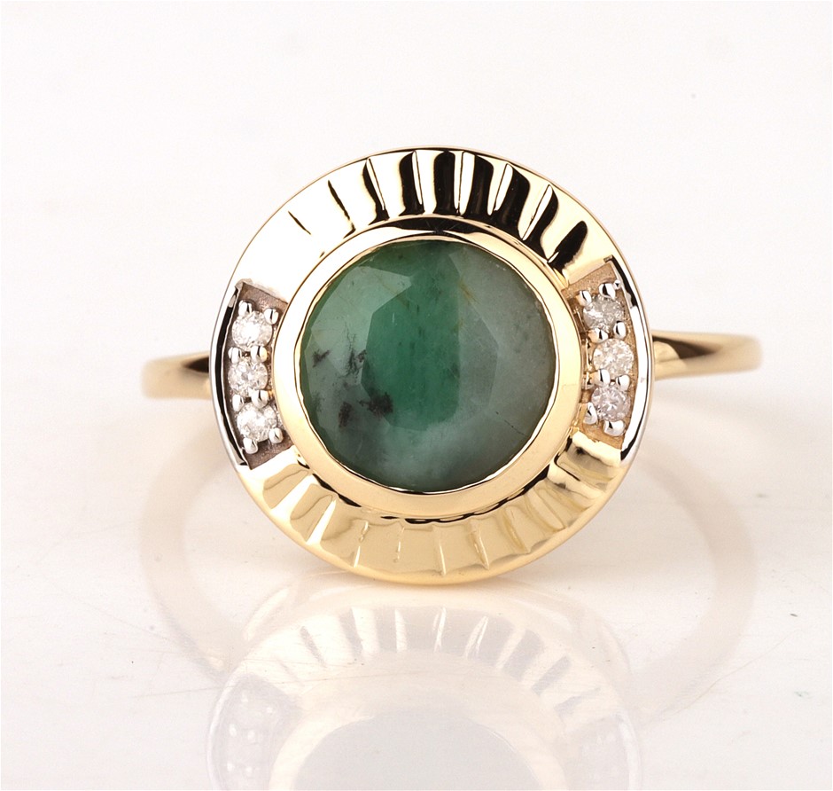 Yellow Gold Natural Emerald & Diamond Ring with Valuation