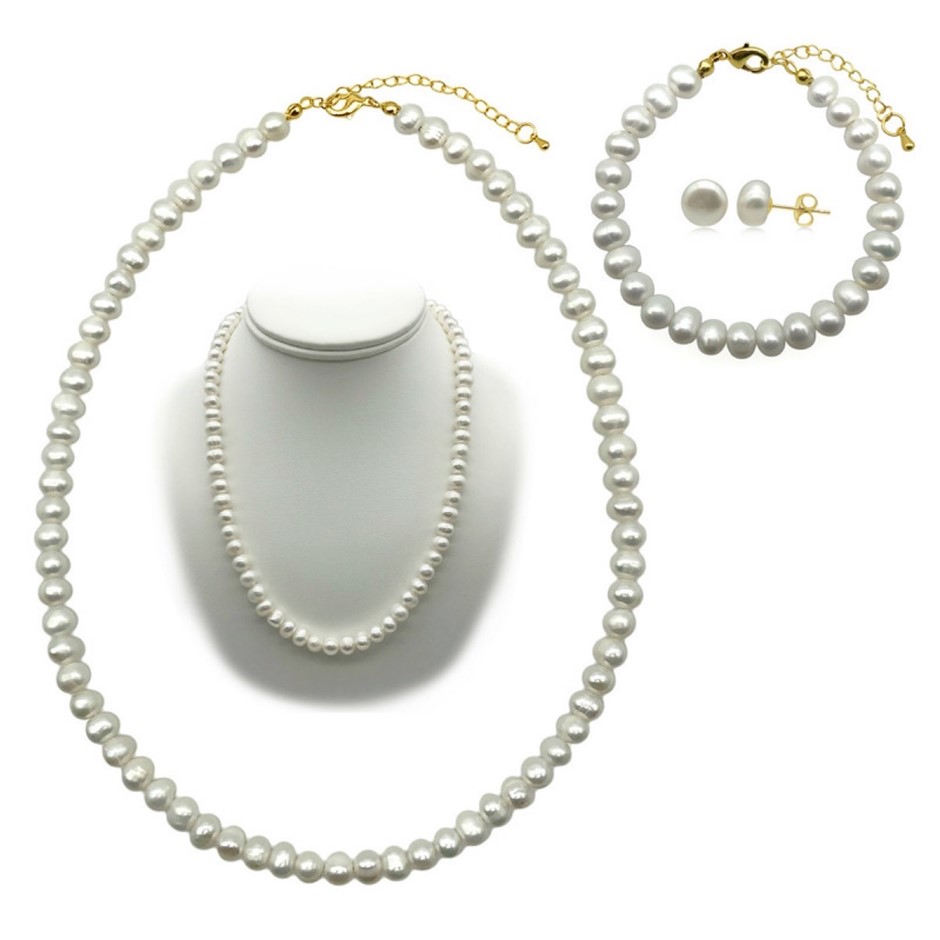 7-8mm Potato Shape Pearl Real 18k Gold Plated Jewellery Set