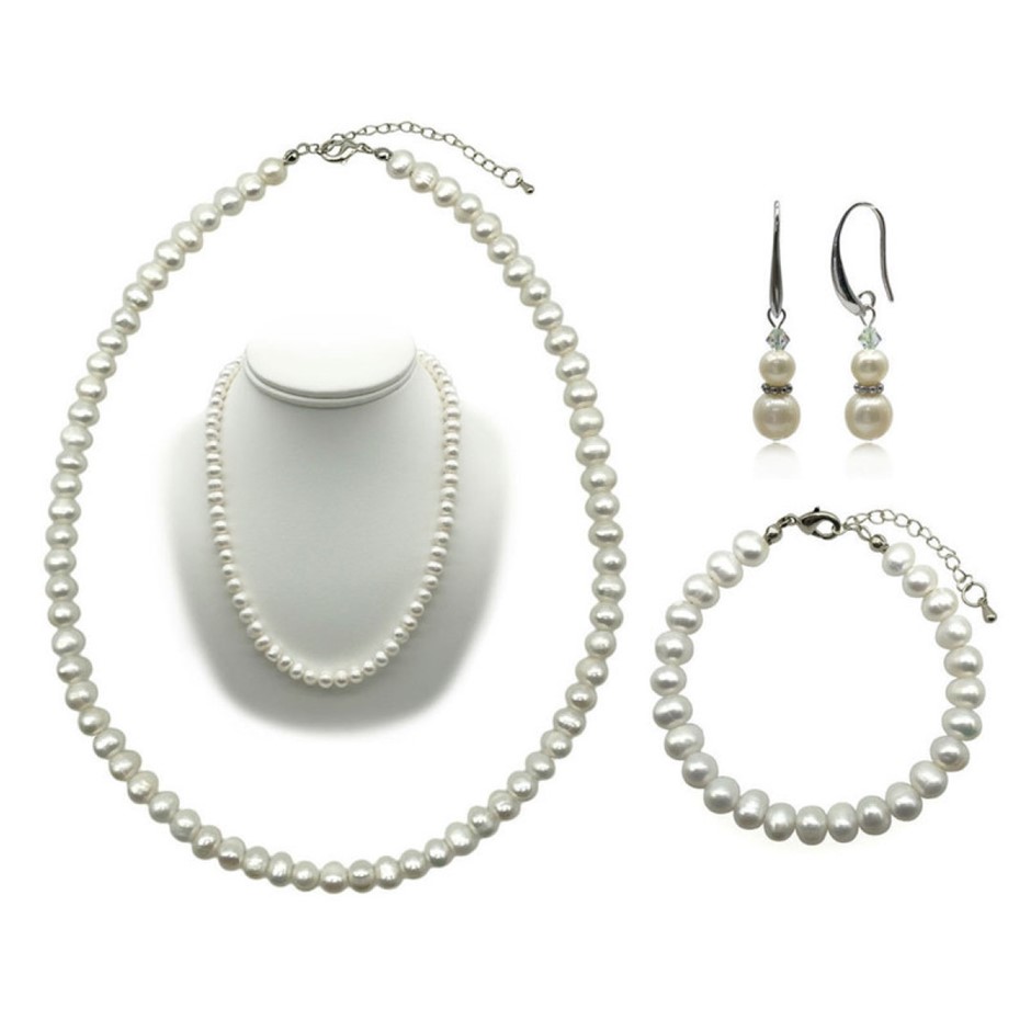 7-8mm Potato Shape Pearl Real Platinum Plated Jewellery Set
