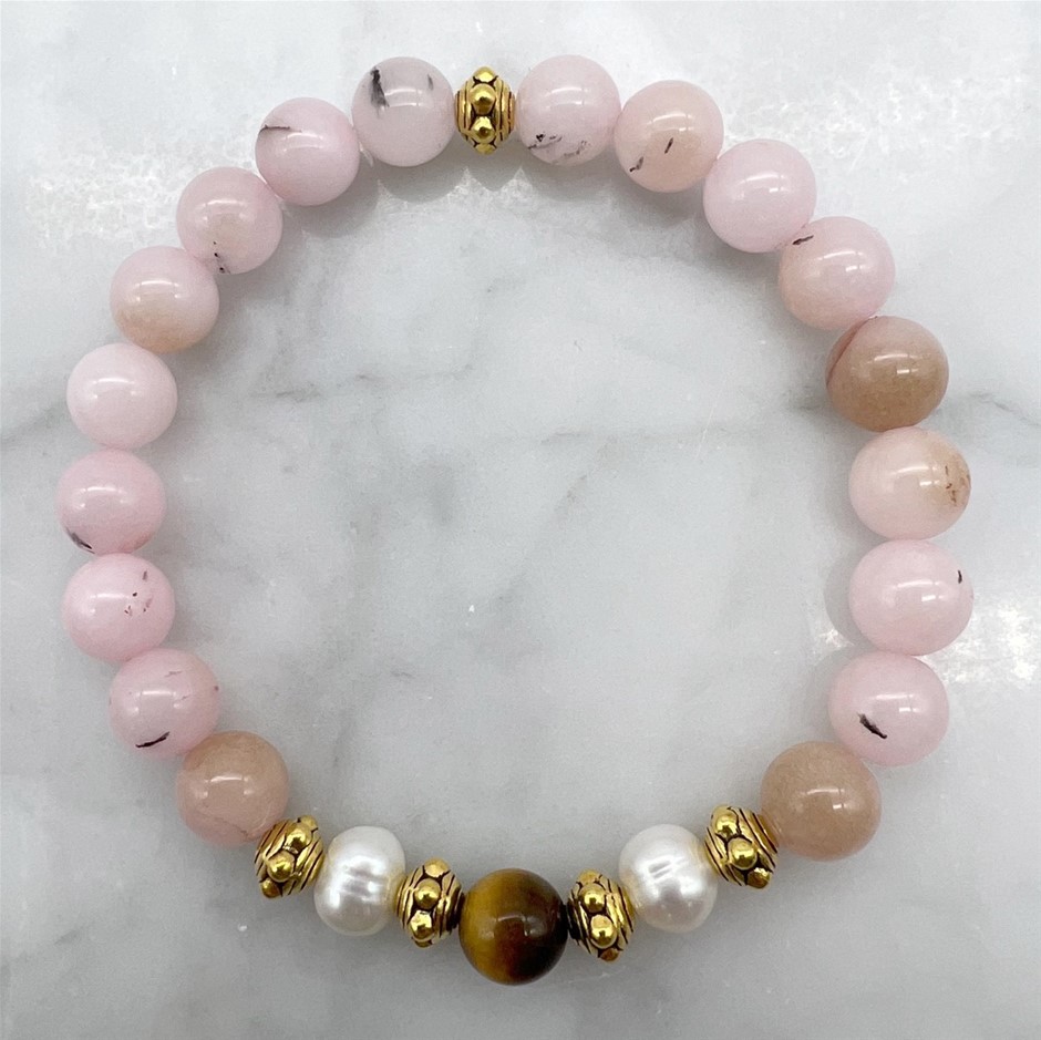 Cherry Blossom Jasper, Tiger Eye, Pearls & Antique Gold Bracelet
