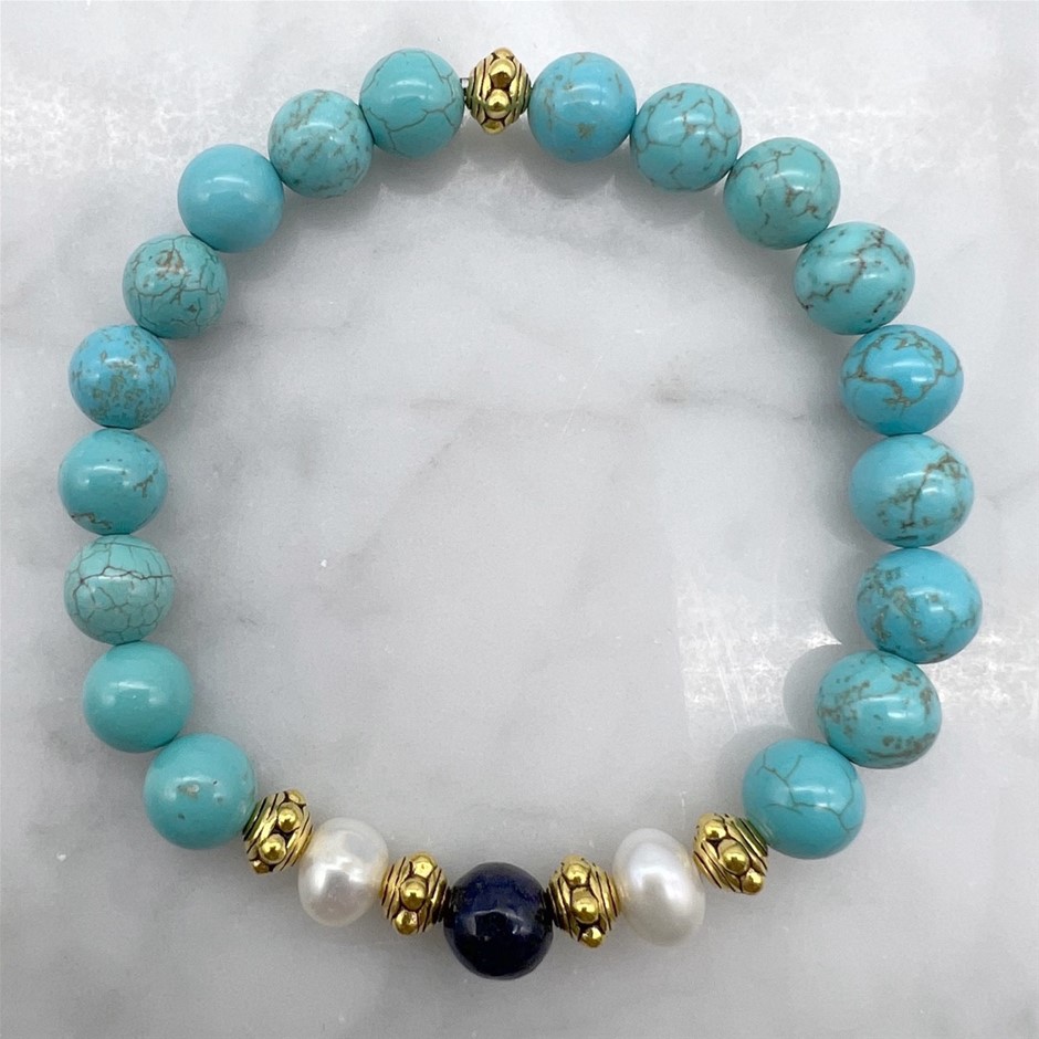 Turquoise, Lapis Lazuli, Pearls Stretchy & Antique Gold Bracelet