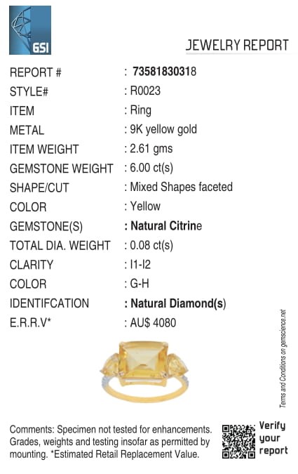 Yellow Gold Natural Citrine & Diamond Ring with Valuation