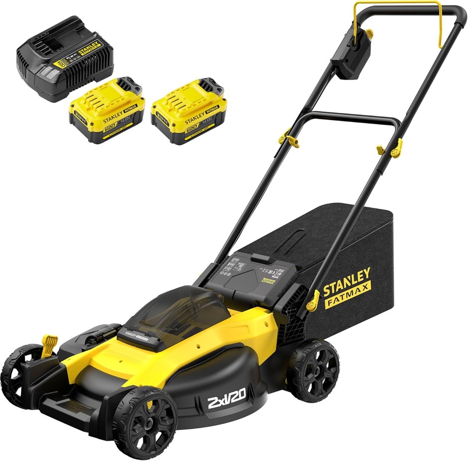 STANLEY FATMAX V20 51cm Brushless Mower Kit, c/w 2 x 4.0Ah Batteries & 2A C